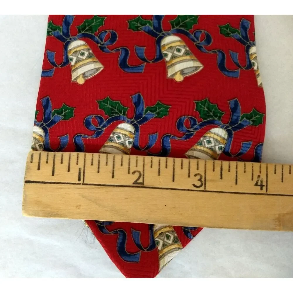 CLAYBROOKE 100% Silk‎ Red Neck Tie Christmas Collection Handmade Bells & Ribbon